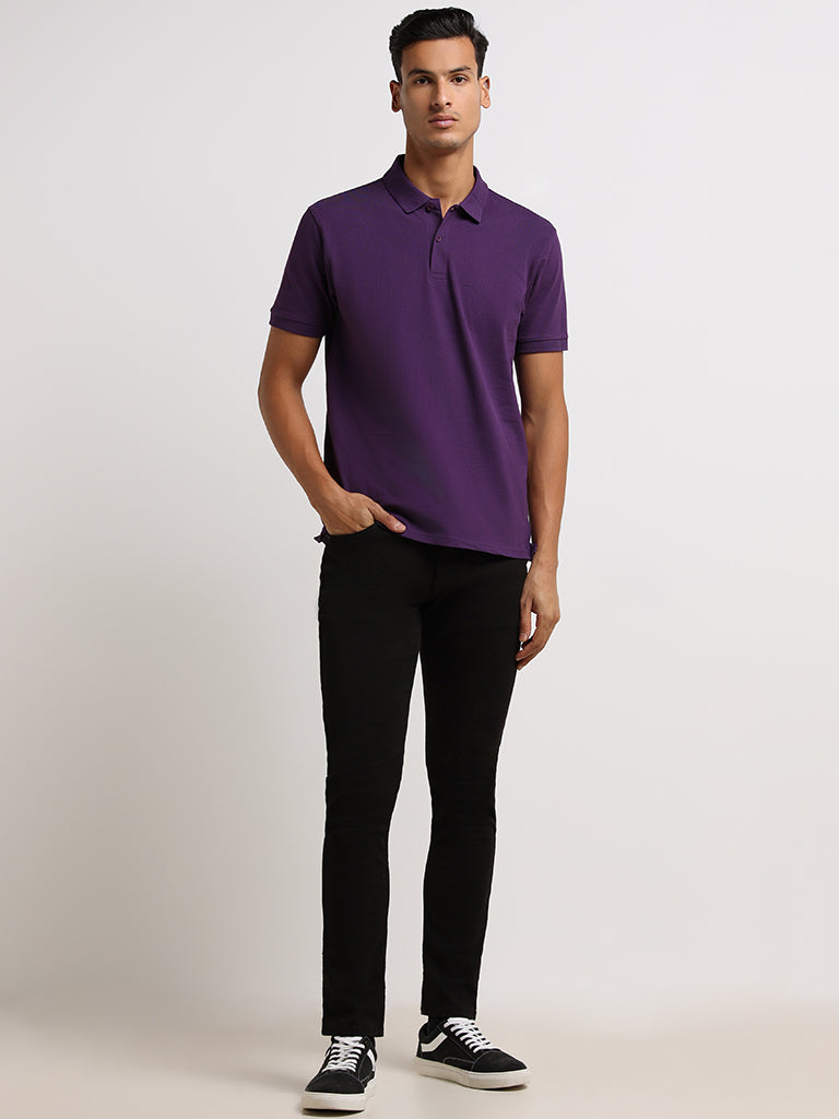 WES Casuals Purple Cotton Blend Relaxed Fit Polo T-Shirt
