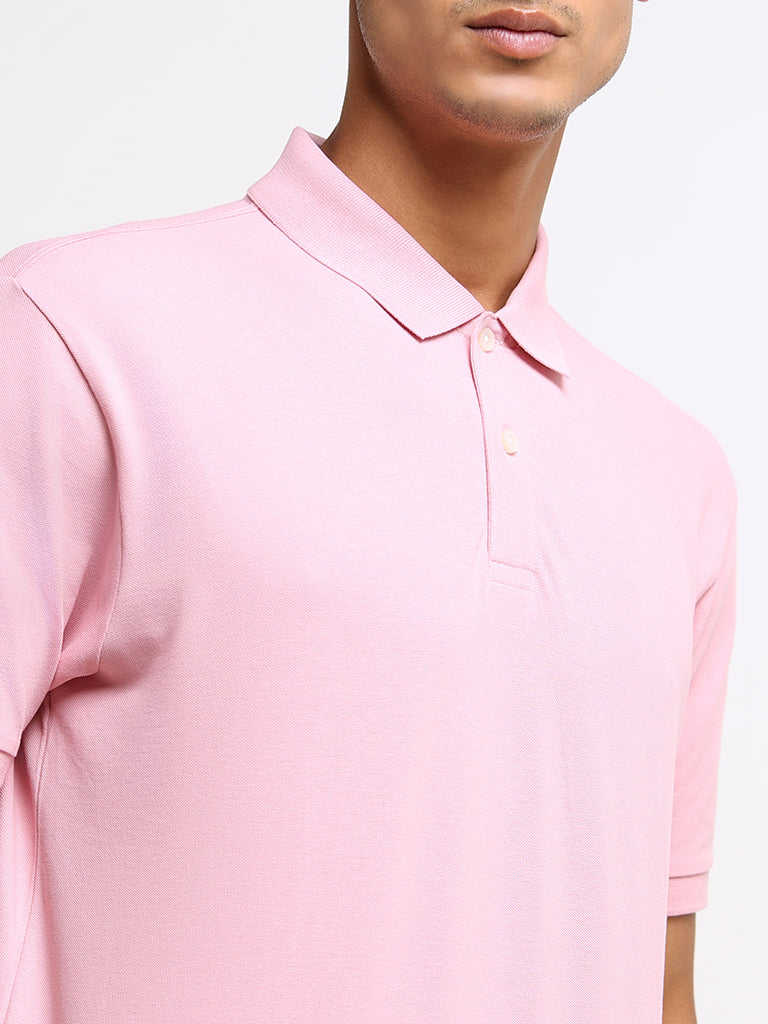 WES Casuals Pink Cotton Blend Slim Fit Polo T-Shirt