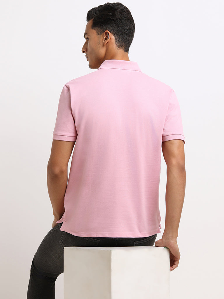WES Casuals Pink Cotton Blend Slim Fit Polo T-Shirt