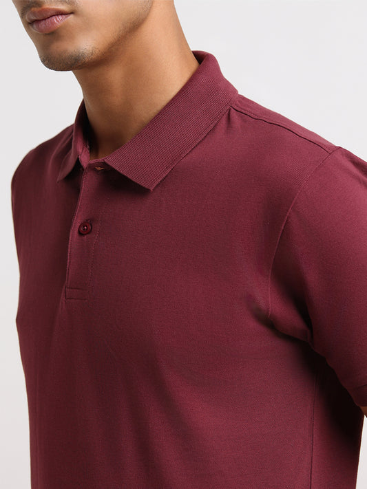 WES Casuals Burgundy Cotton Blend Slim Fit Polo T-Shirt