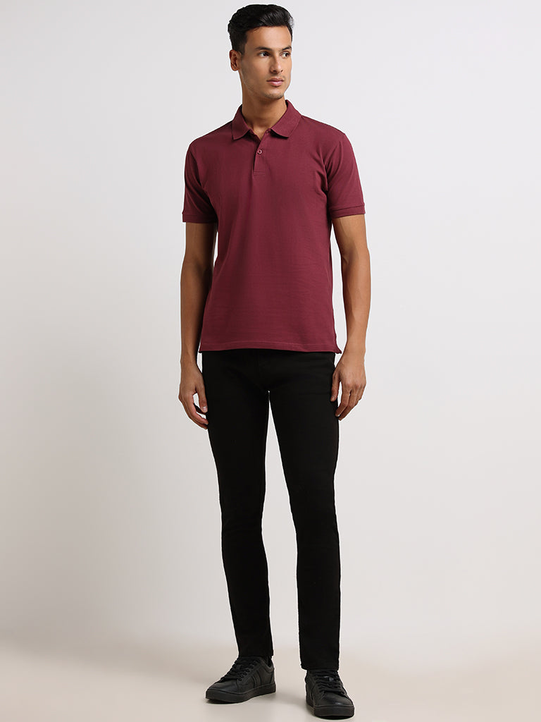 WES Casuals Burgundy Cotton Blend Slim Fit Polo T-Shirt