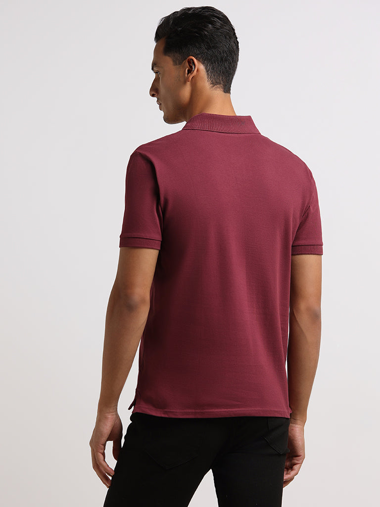 WES Casuals Burgundy Slim Fit Polo T-Shirt