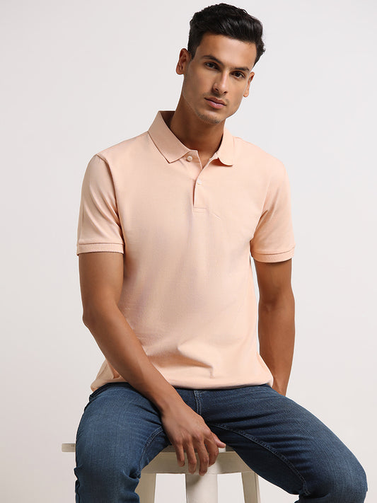 WES Casuals Peach Cotton Blend Slim Fit Polo T-Shirt