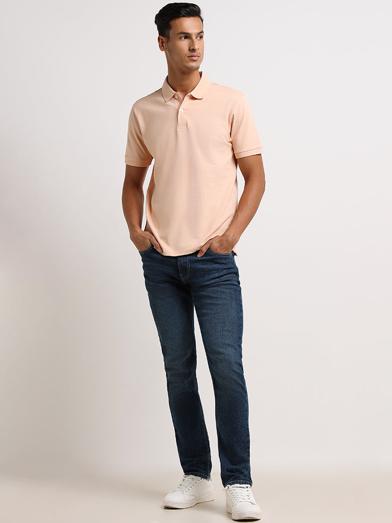 WES Casuals Peach Cotton Blend Slim Fit Polo T-Shirt