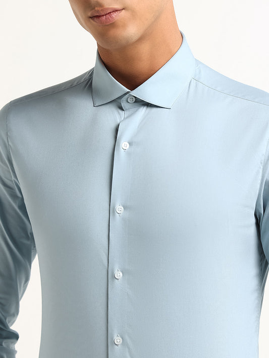 WES Formals Blue Solid Cotton Blend Ultra Slim Fit Shirt