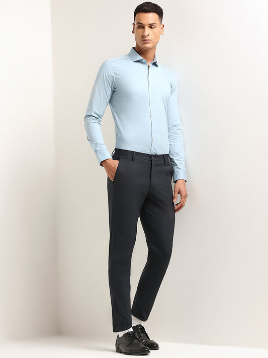 WES Formals Blue Solid Cotton Blend Ultra Slim Fit Shirt