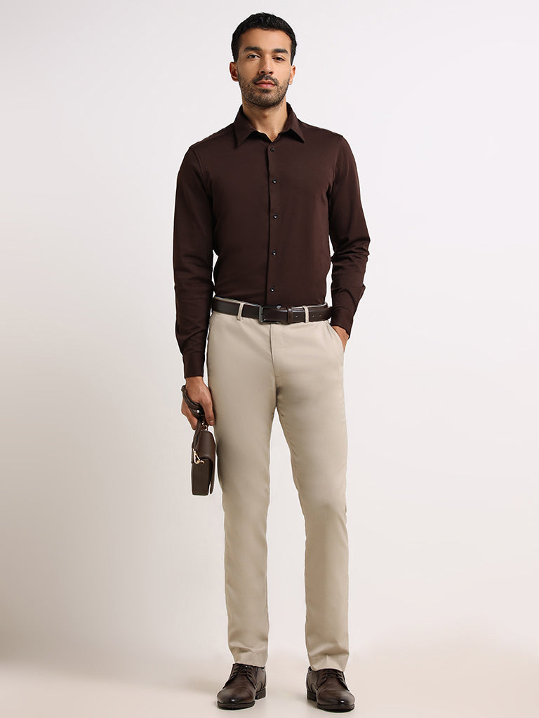 WES Formals Brown Slim- Fit Shirt