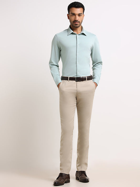 WES Formals Mint Green Slim- Fit Cotton Blend Shirt