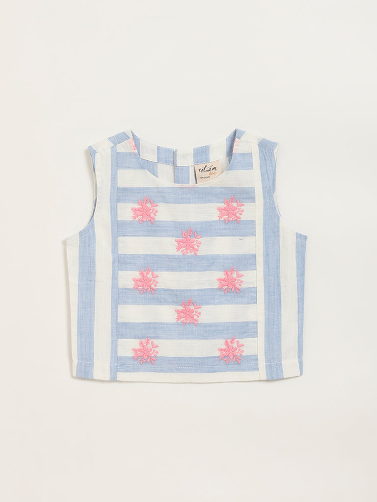 Utsa Kids Floral Embroidered Blue Striped Top (2 - 8yrs)