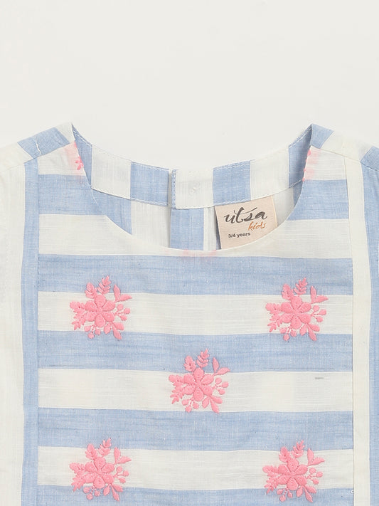 Utsa Kids Floral Embroidered Blue Striped Top