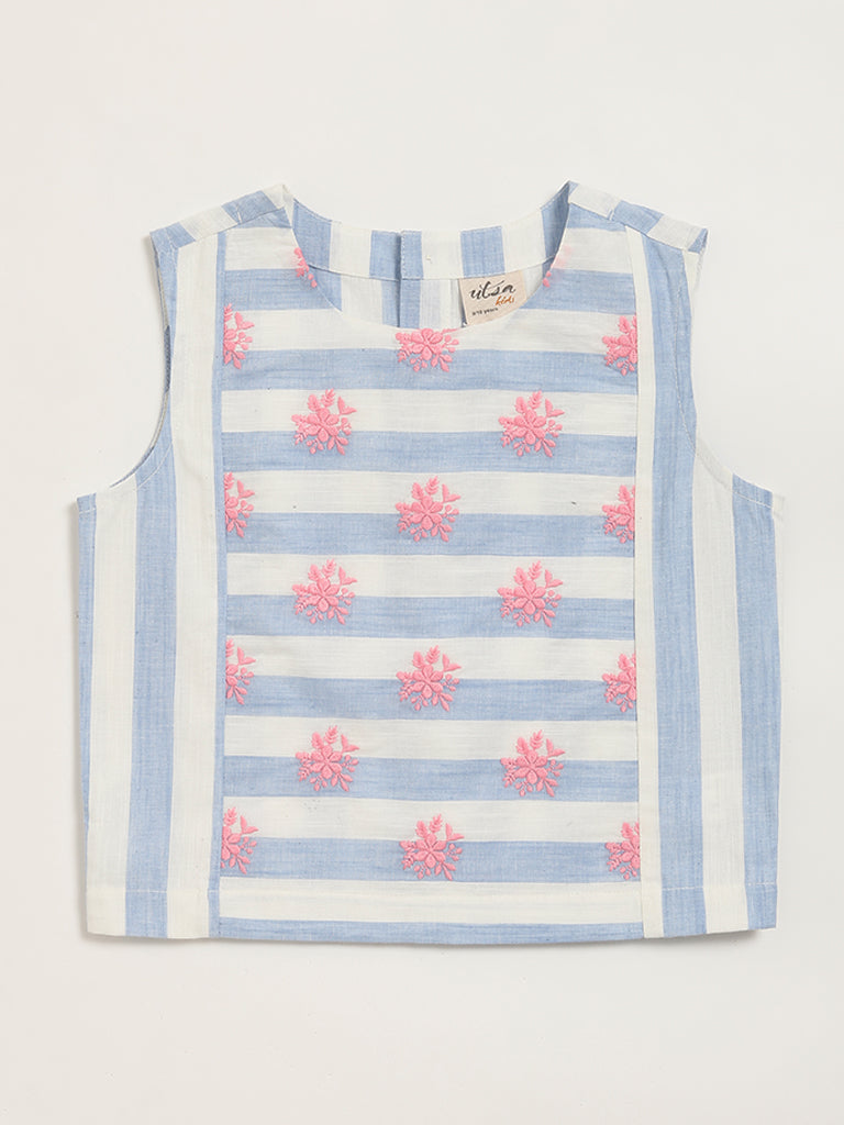 Utsa Kids Floral Embroidered Blue Striped Top