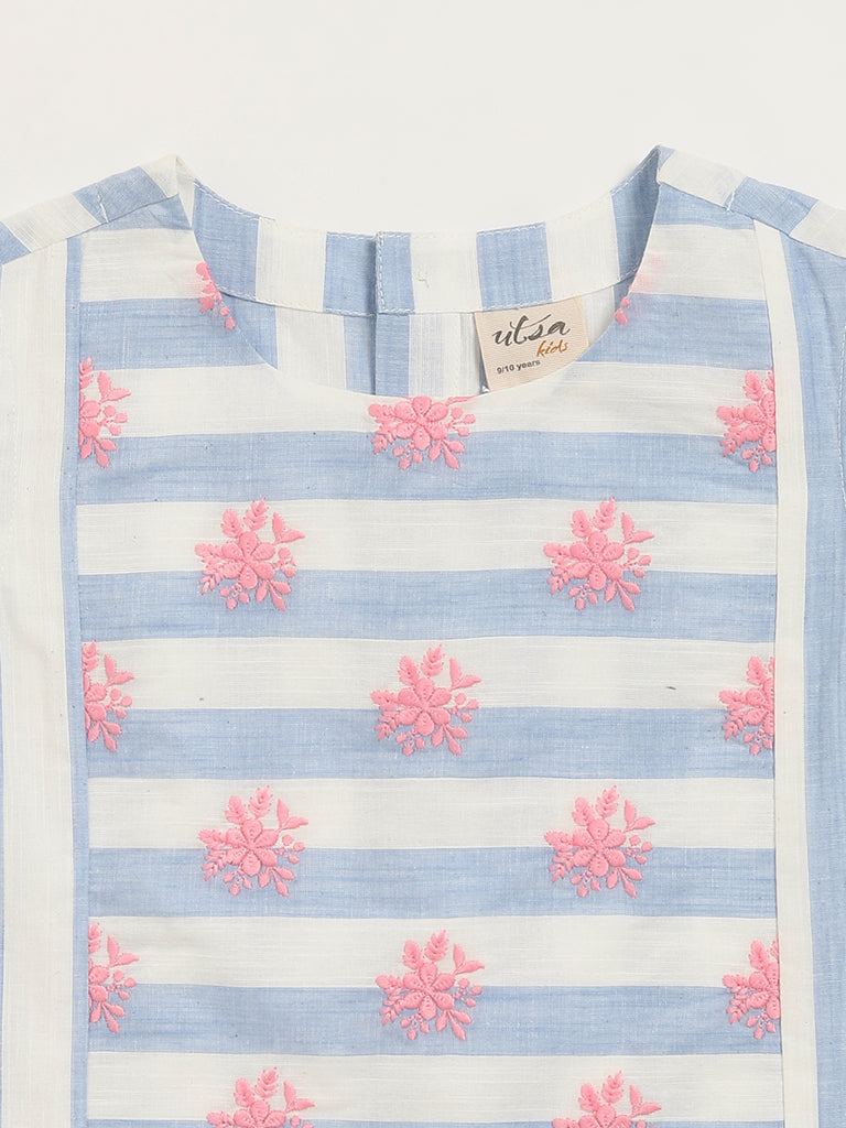 Utsa Kids Floral Embroidered Blue Striped Top (8 -14yrs)