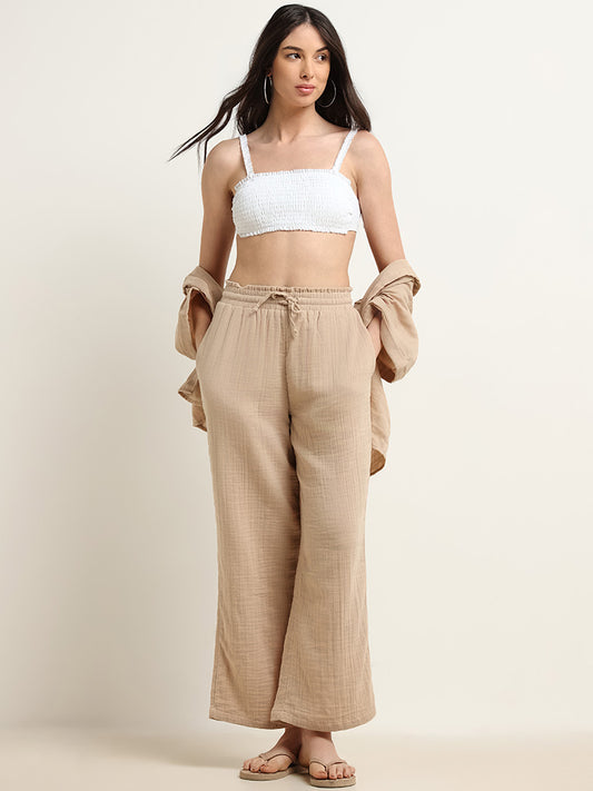 Wunderlove Beige Cotton Crinkled Relaxed Beach Pants
