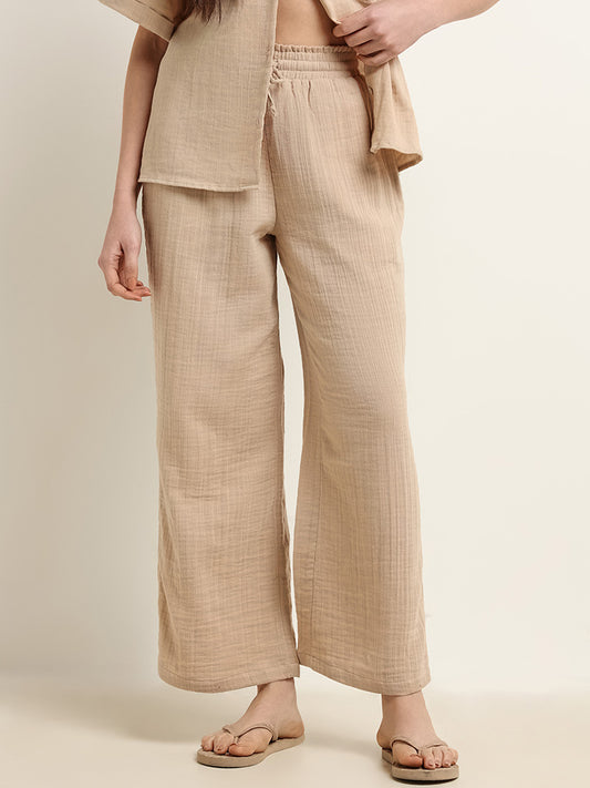 Wunderlove Beige Cotton Crinkled Relaxed Beach Pants