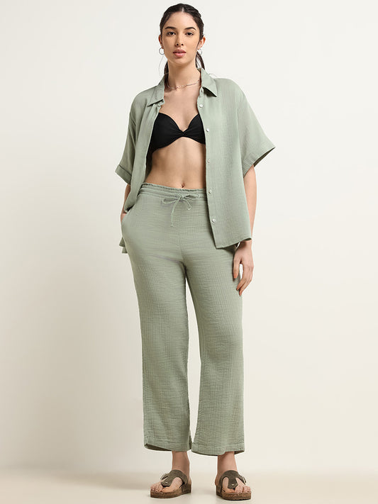 Wunderlove Green Cotton Crinkled Relaxed Beach Pants