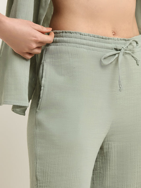 Wunderlove Green Cotton Crinkled Relaxed Beach Pants