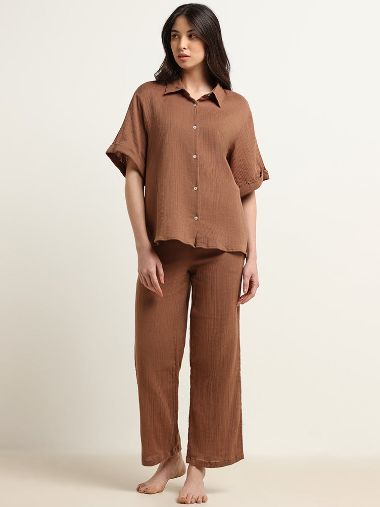 Wunderlove Brown Cotton Crinkled Relaxed Beach Pants