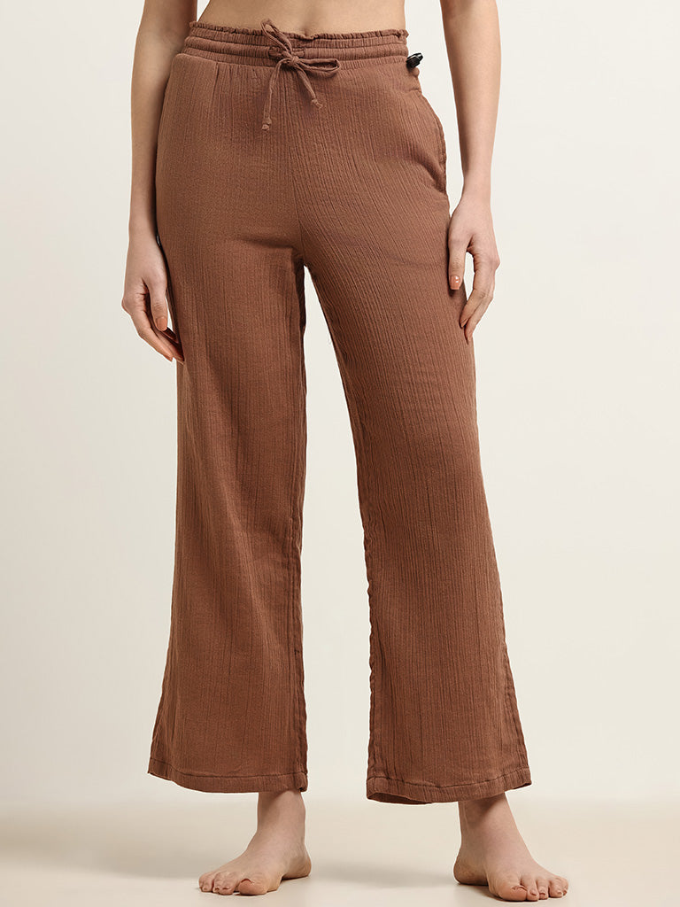 Wunderlove Brown Cotton Crinkled Relaxed Beach Pants
