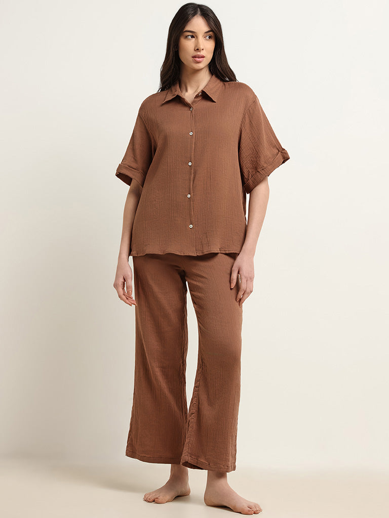 Wunderlove Brown Cotton Crinkled Relaxed Beach Shirt