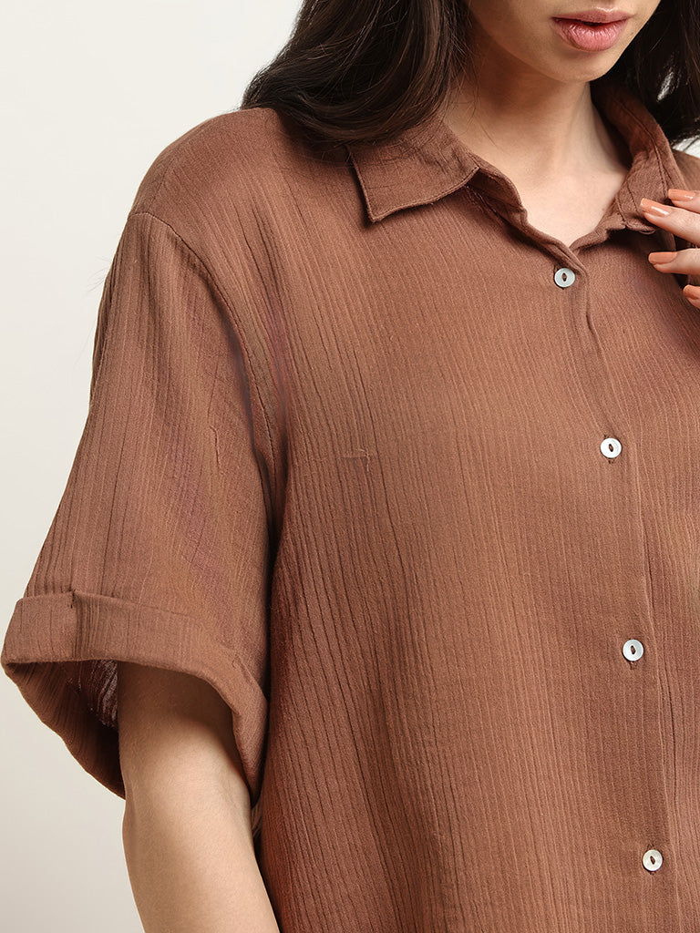 Wunderlove Brown Cotton Crinkled Relaxed Beach Shirt