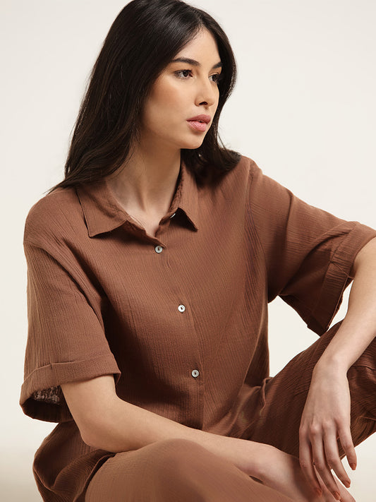 Wunderlove Brown Crinkled Relaxed Fit Shirt