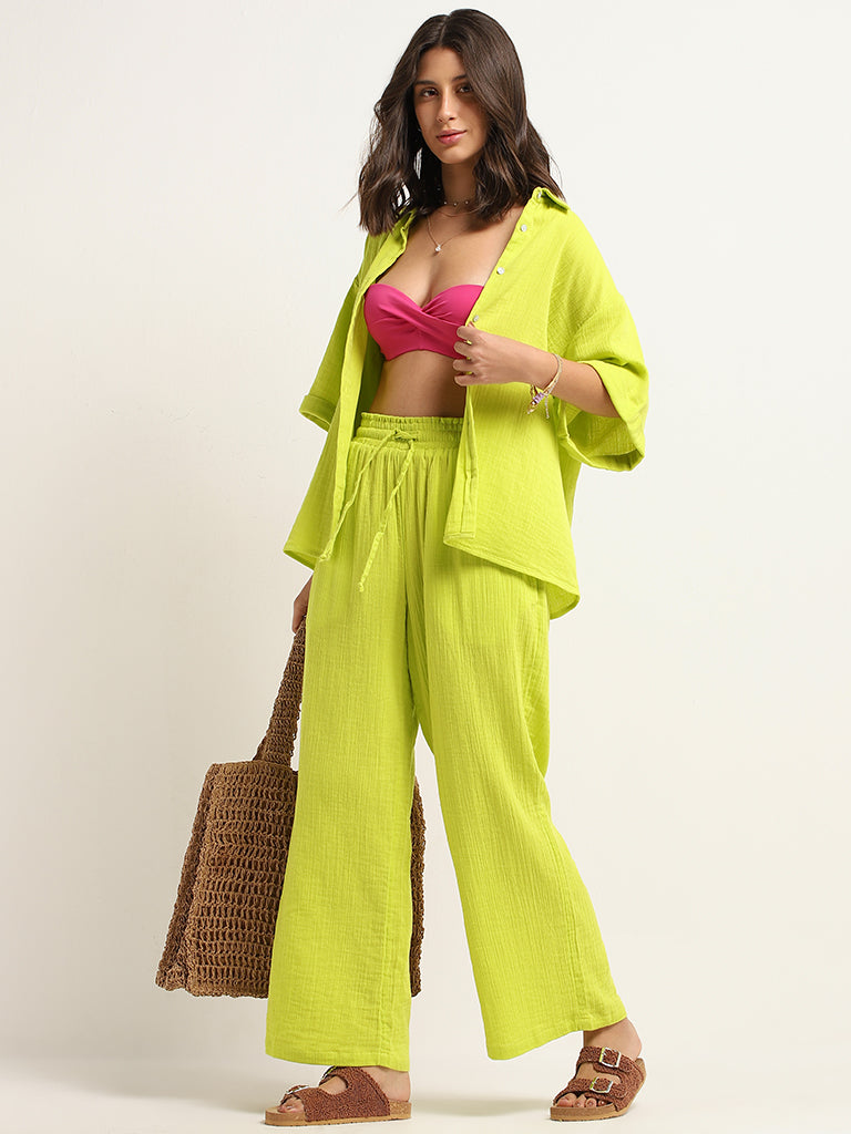 Wunderlove Lime Cotton Crinkled Relaxed Beach Shirt