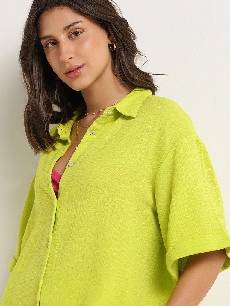Wunderlove Lime Cotton Crinkled Relaxed Beach Shirt