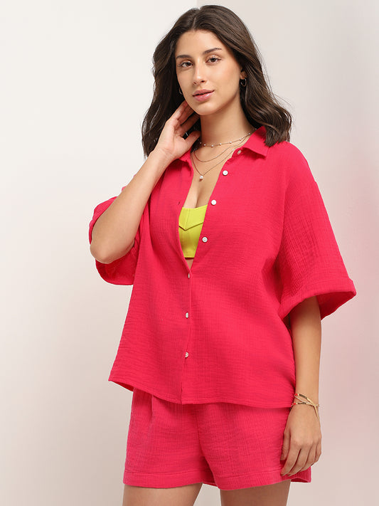 Wunderlove Pink Cotton Crinkled Relaxed Beach Shirt