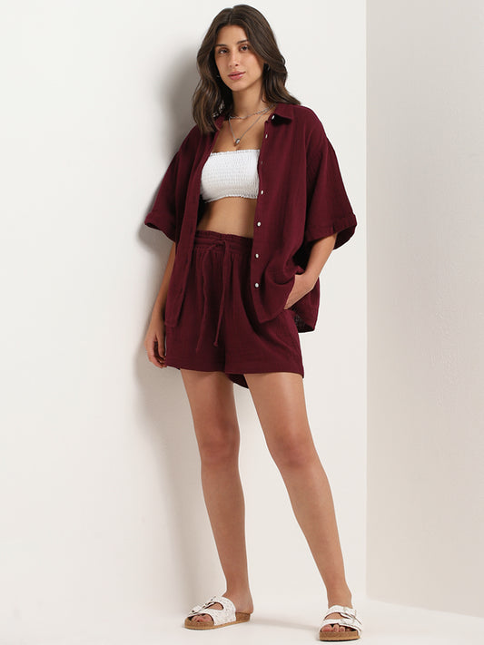 Wunderlove Maroon Mid-Rise Self-Patterned Cotton Shorts
