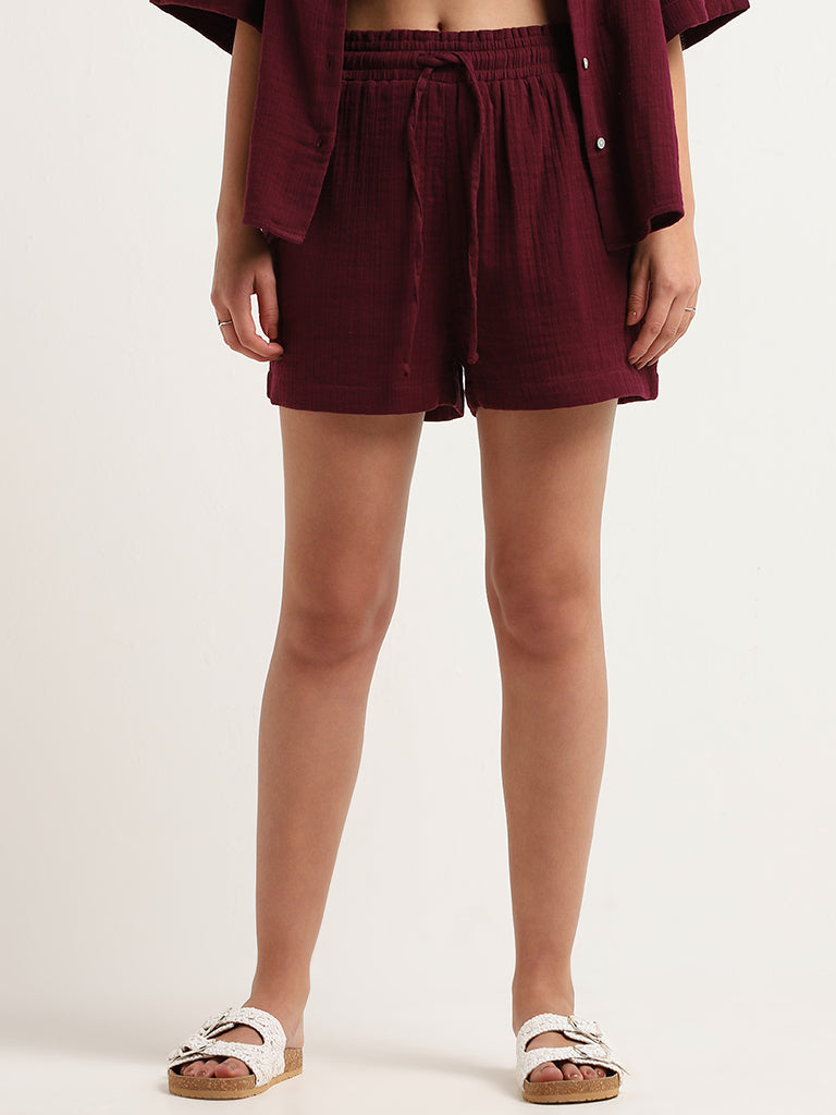 Wunderlove Maroon Mid-Rise Self-Patterned Cotton Shorts