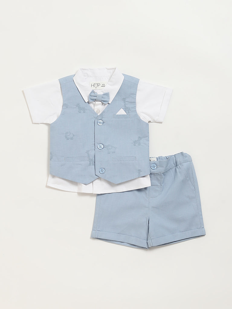 HOP Baby Blue Shirt, Shorts, Waistcoat & Bow Set