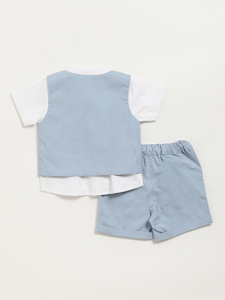 HOP Baby Blue Shirt, Shorts, Waistcoat & Bow Set