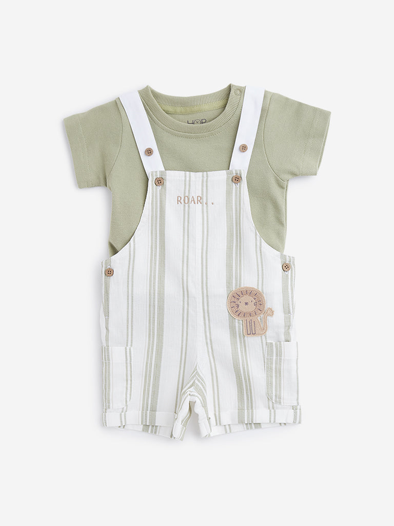 HOP Baby Sage Striped Dungaree with T-Shirt