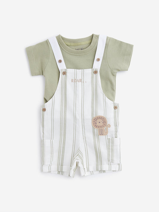 HOP Baby Sage Striped Dungaree with T-Shirt