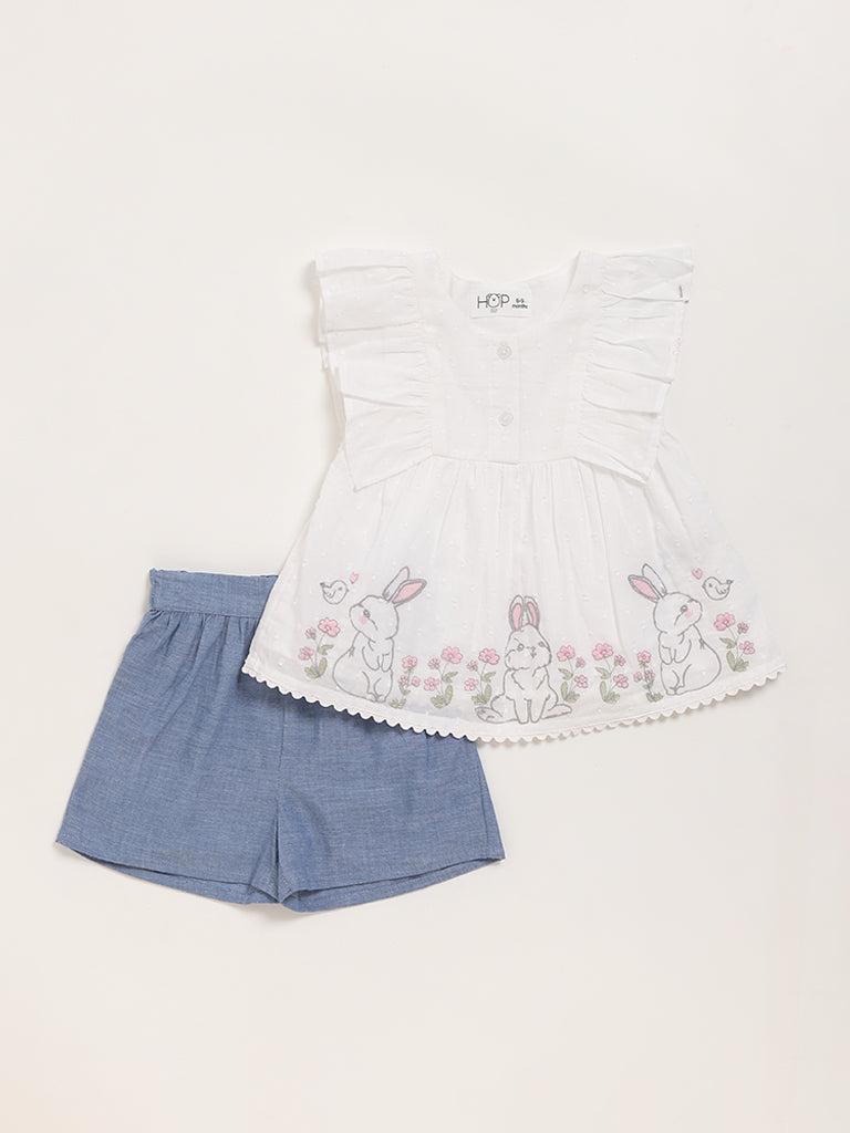 HOP Baby White Embroidered Top & Shorts Set