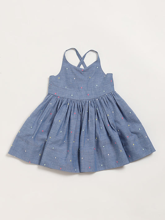 HOP Baby Blue Embroidered Polka Dot Dress