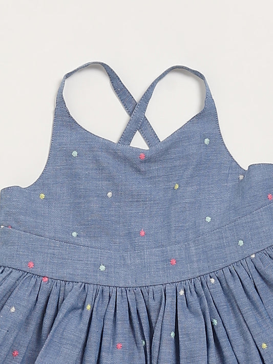 HOP Baby Blue Embroidered Polka Dot Dress