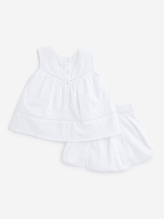 HOP Baby White Schiffli Detailed Top with Shorts Set