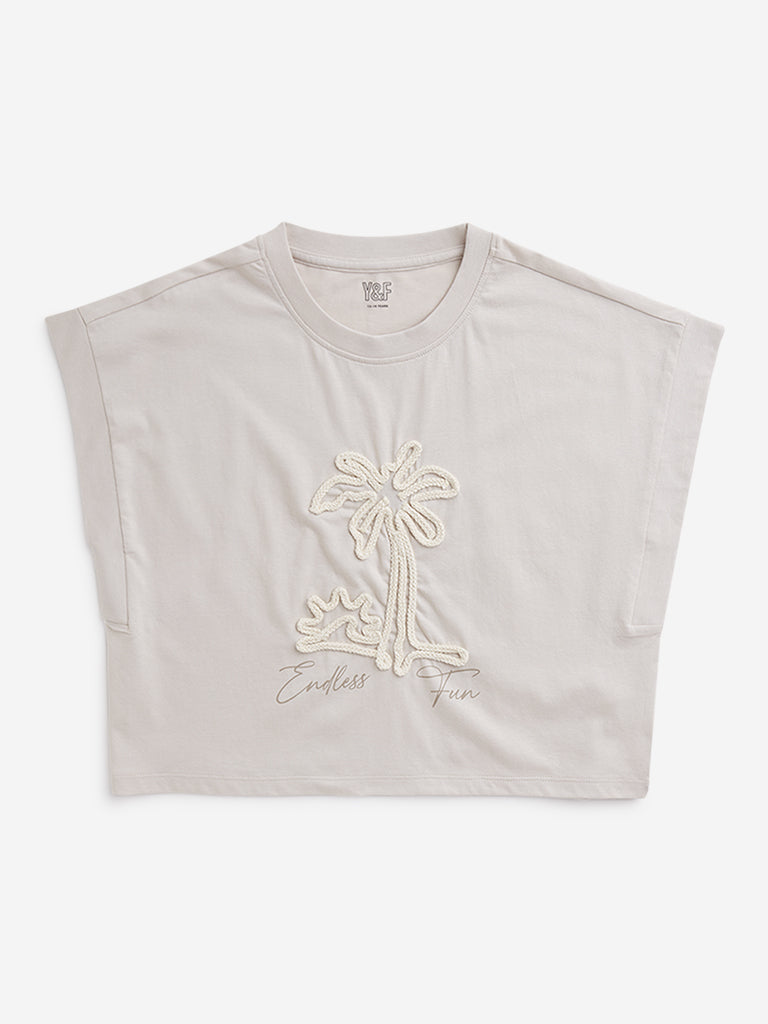 Y&F Kids Beige Embroidered T-Shirt