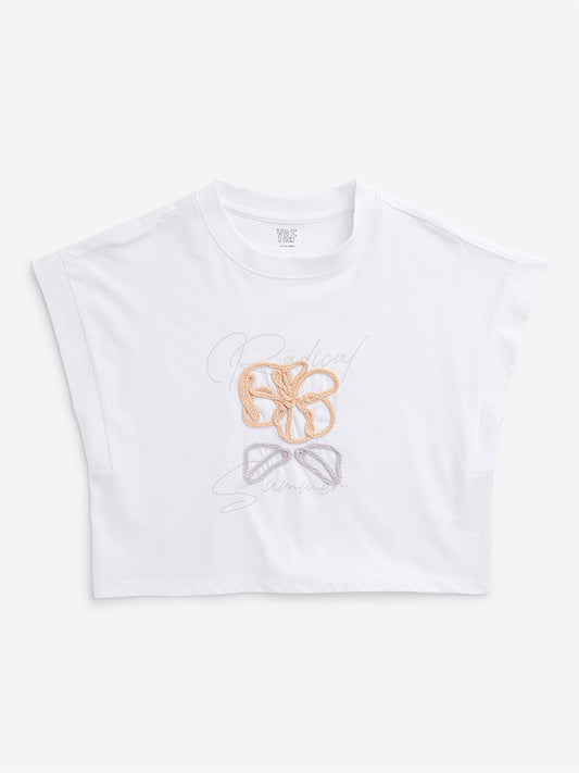 Y&F Kids White Floral Embroidered T-Shirt