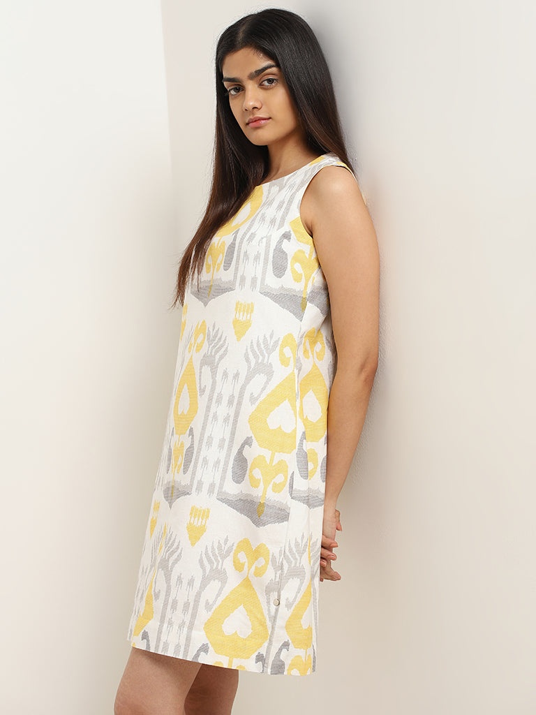 Bombay Paisley Yellow Ikat Printed Cotton Dress