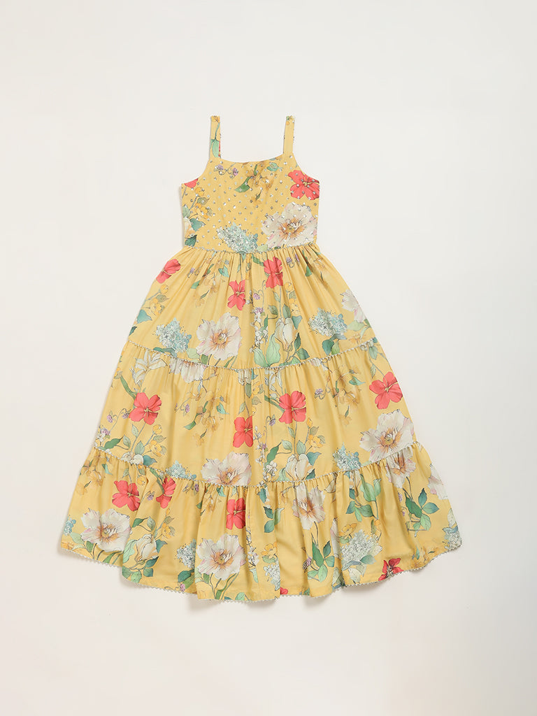 Utsa Kids Yellow Floral Strappy Dress