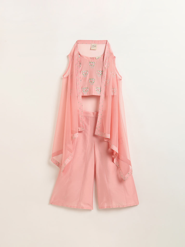 Utsa Kids Peach Floral Embroidered Blouse, Palazzos & Jacket Set (2 - 8yrs)