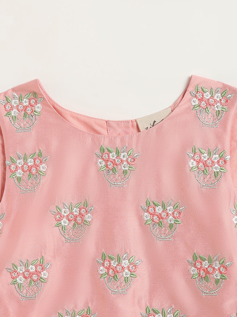 Utsa Kids Peach Floral Embroidered Blouse, Palazzos & Jacket Set