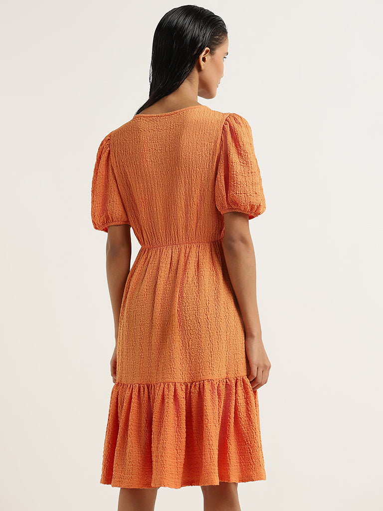 LOV Orange Self Patterned Tiered Dress