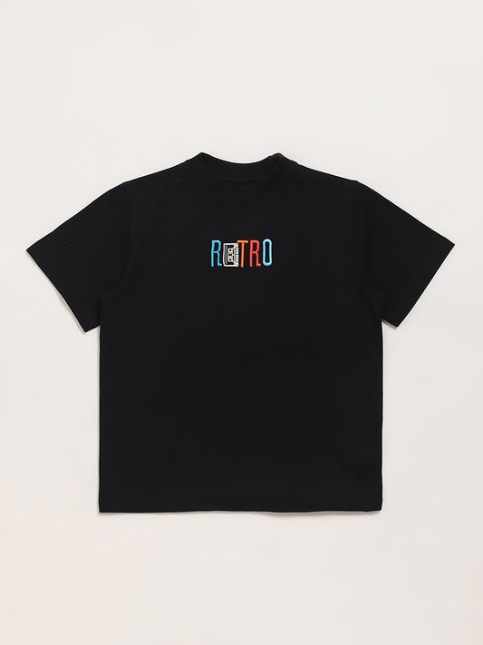 Y&F Kids Black Embroidered T-Shirt