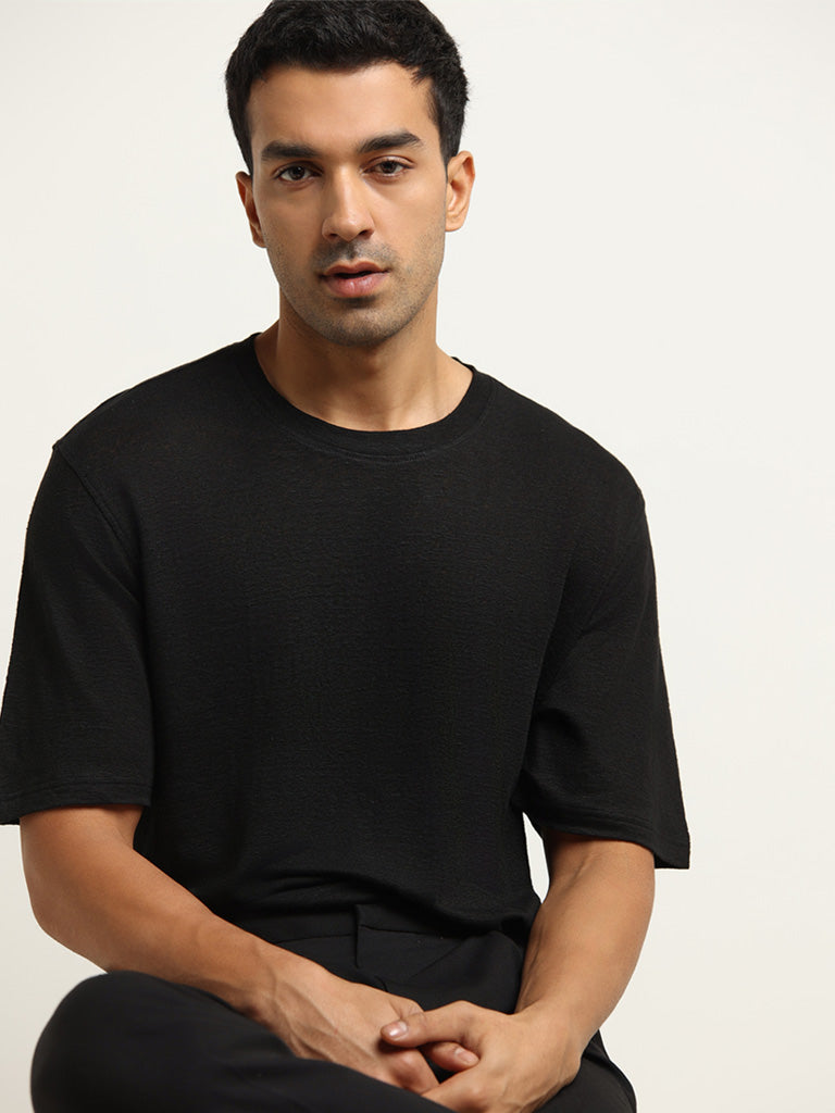 Ascot Black Linen Solid Relaxed Fit T-Shirt