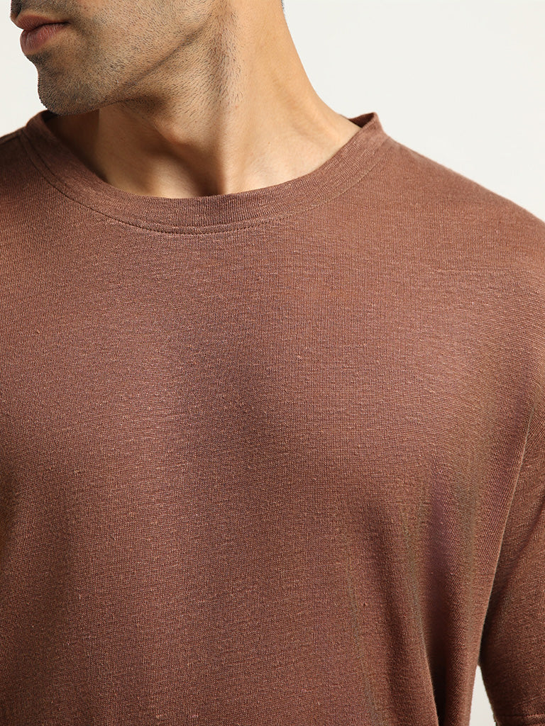 Ascot Brown Linen Solid Relaxed Fit T-Shirt