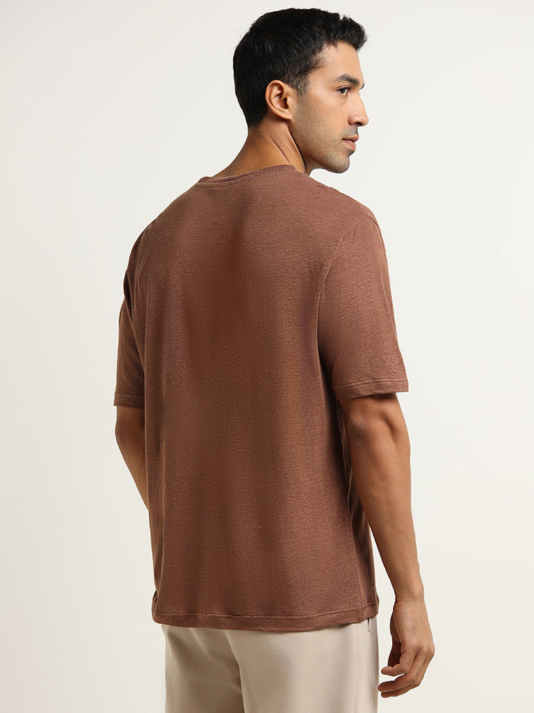 Ascot Brown Linen Solid Relaxed Fit T-Shirt