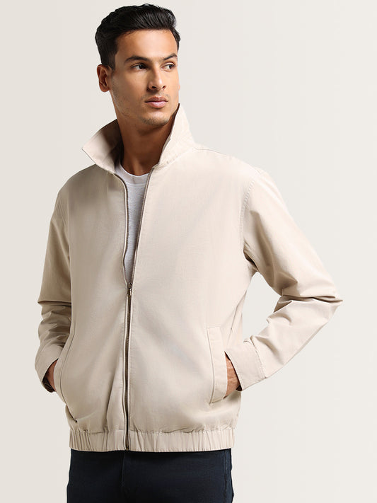 Ascot Beige Cotton Blend Relaxed Fit Bomber Jacket
